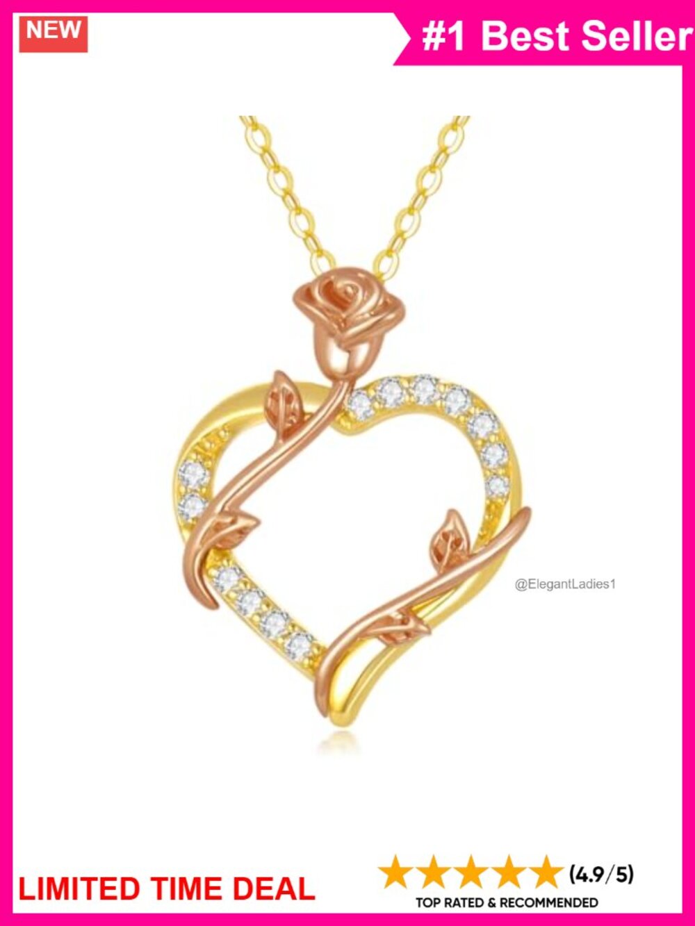 14K Solid Gold Rose Heart Pendant Necklace 16+2in Extender
